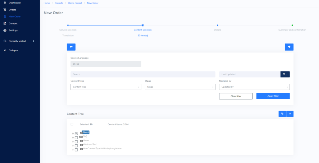 Order form in iLangL Localization Hub