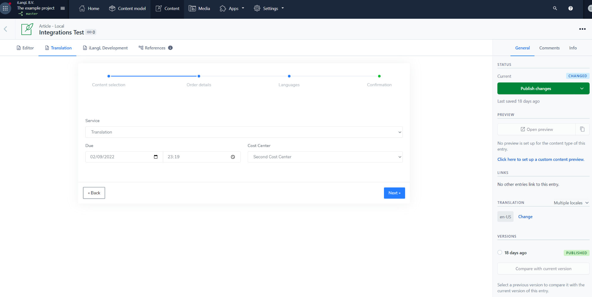 iLangL content connector order form in Contentful 