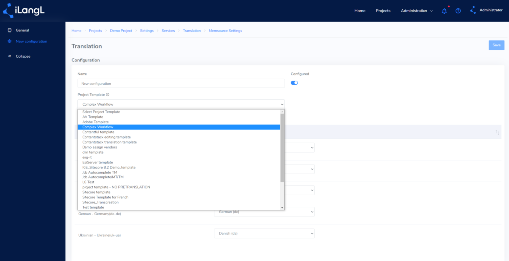 Attching Phrase project template to the Service configuration in Localization Hub