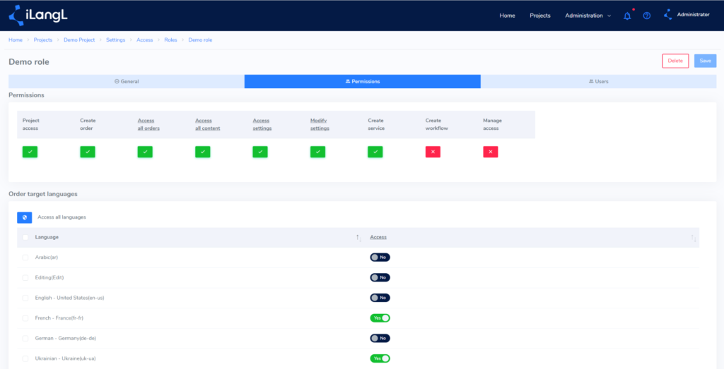 Access management form in the Localization Hub