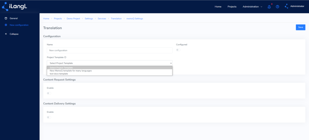 iLangL platform interface for connecting memoQ templates to iLangL Localization Hub service  