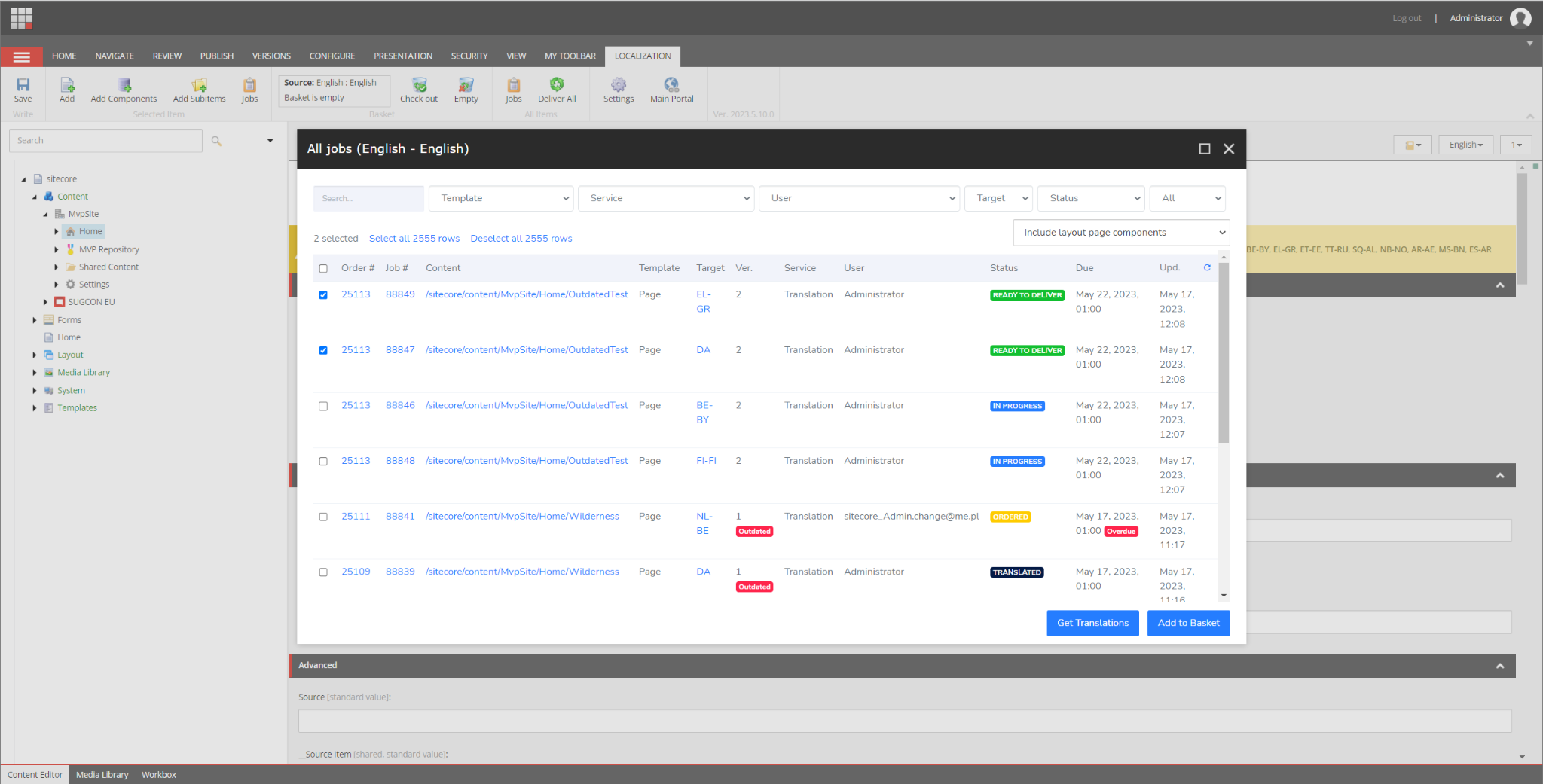 iLangL's translation connector for Sitecore "All jobs" window