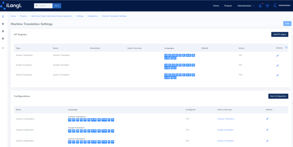 Machine Translation Engines configurations in iLangL Localization Hub