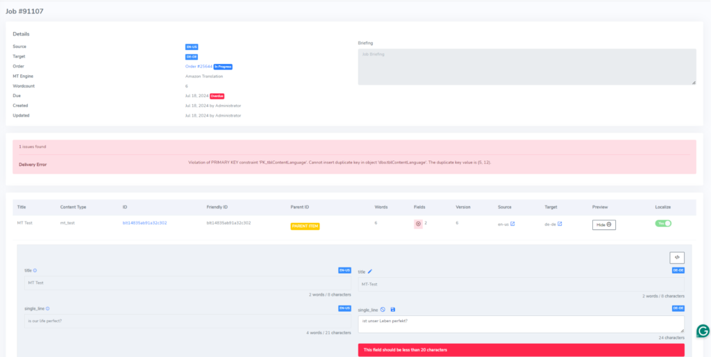 Editing mode for machine translated jobs in Localization Hub